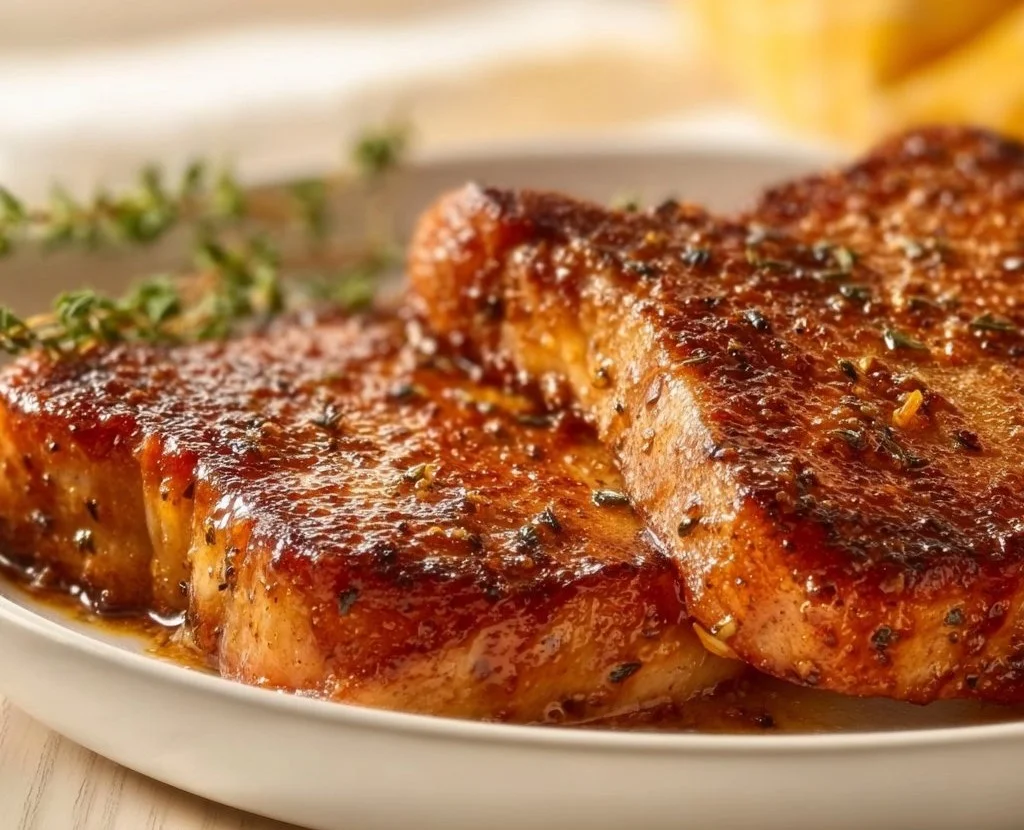 Delicious brown sugar pork chops served with vegetables