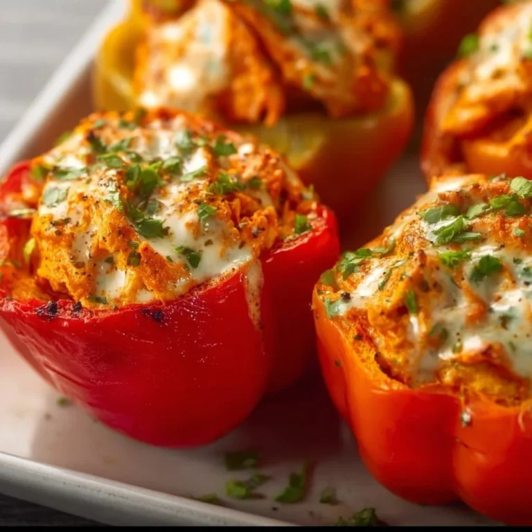 Buffalo chicken stuffed bell peppers topped with cheese and herbs