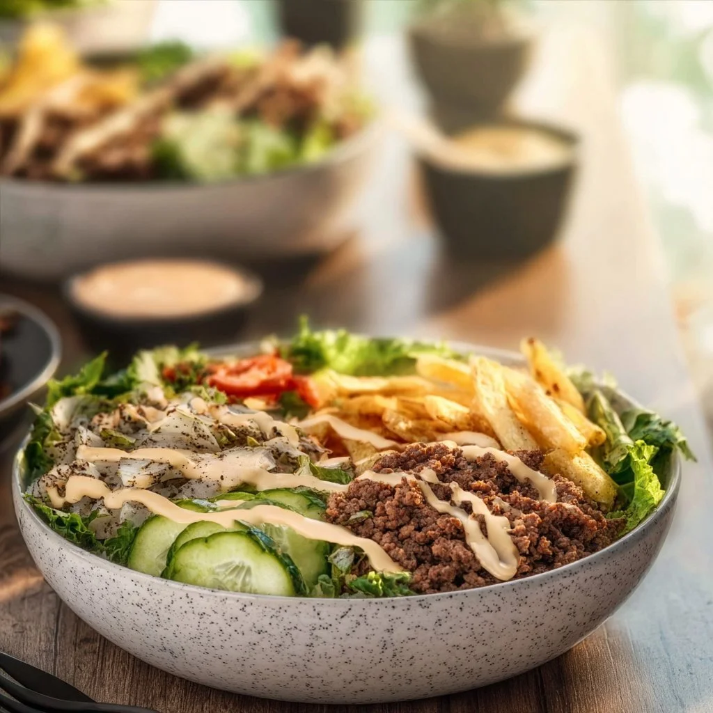 A colorful and appetizing burger bowl with fresh toppings and grilled ingredients