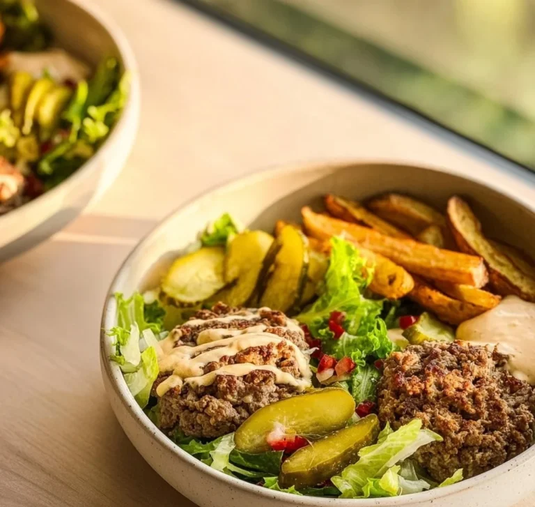 Delicious homemade Burger Bowls topped with fresh ingredients