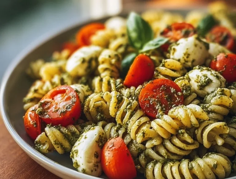 Delicious Caprese Pesto Pasta Salad with fresh tomatoes, mozzarella, and basil