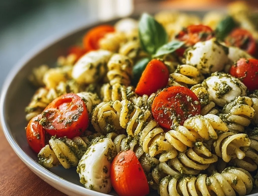 Delicious Caprese Pesto Pasta Salad with fresh tomatoes, mozzarella, and basil