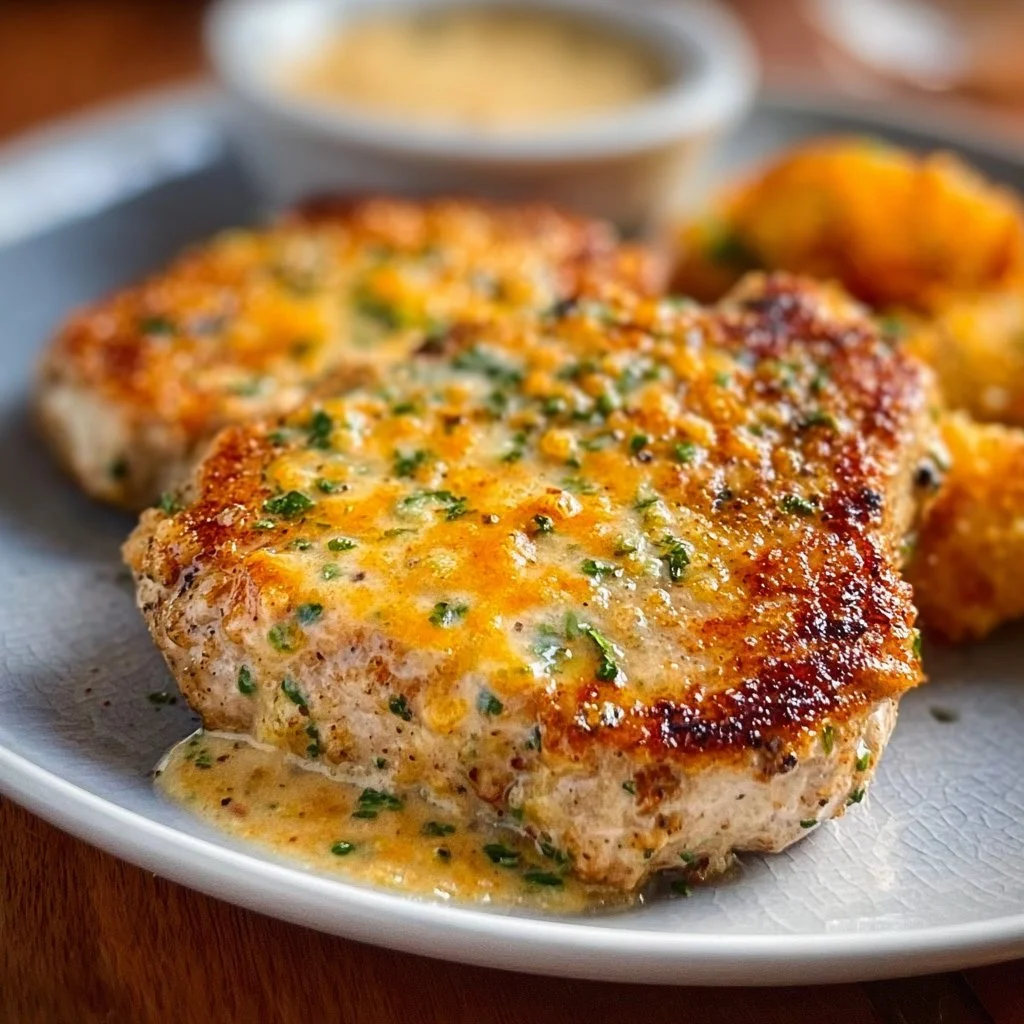 Delicious Cheddar Ranch Pork Chops served with herbs and spices