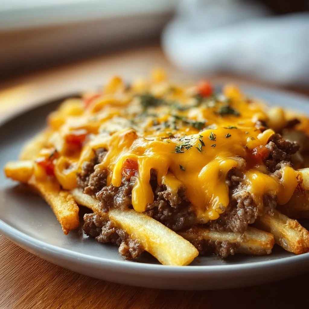 Delicious Cheeseburger Casserole topped with crispy French fries