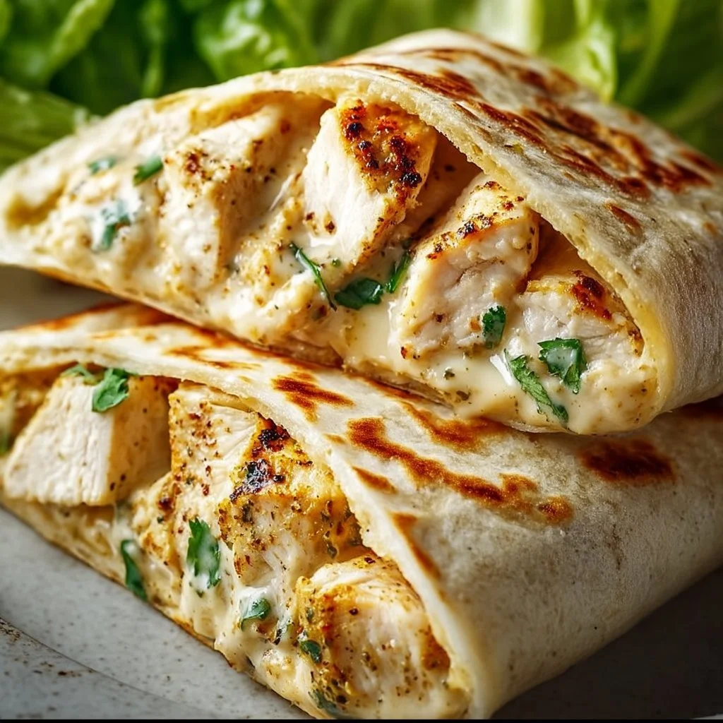 Delicious cheesy garlic chicken wraps served on a plate