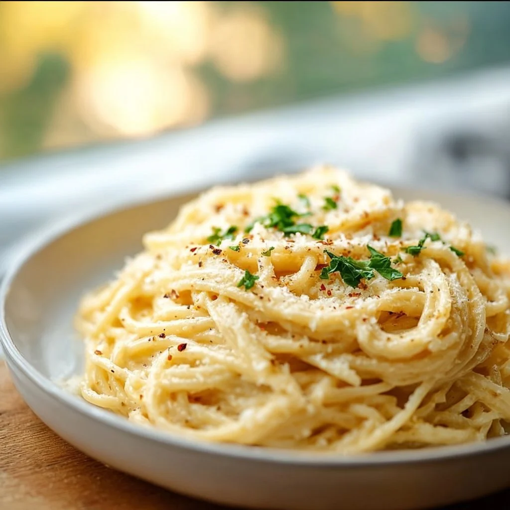 Delicious bowl of cheesy garlic parmesan spaghetti garnished with parsley.