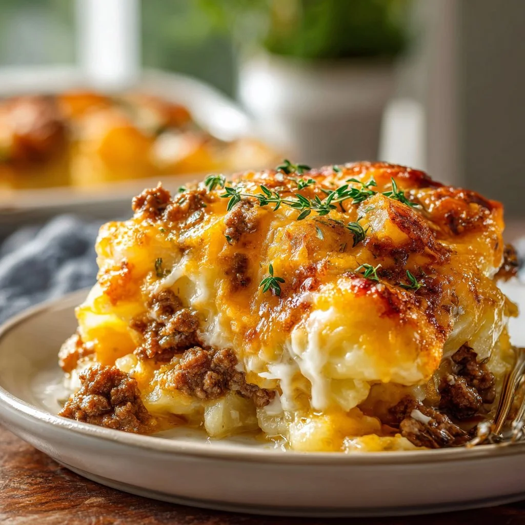 Cheesy Hamburger Potato Casserole topped with melted cheese and herbs