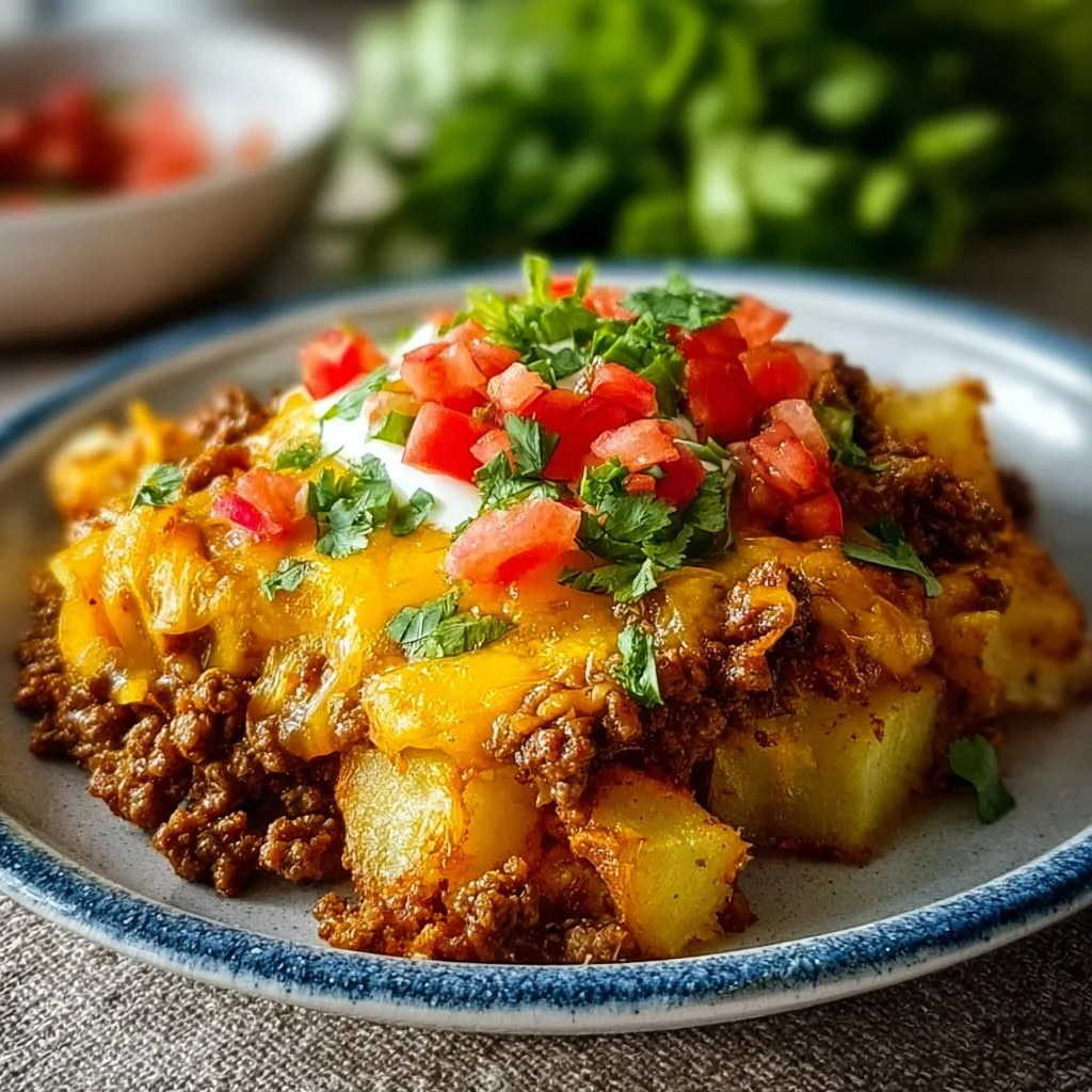Cheesy taco potatoes bake with ground beef, topped with cheese and spices.