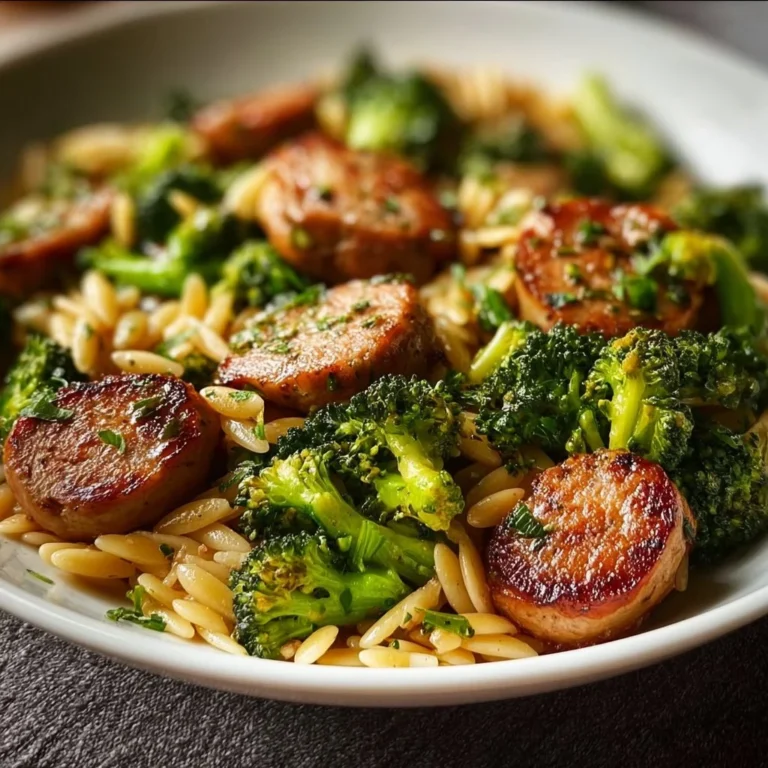Chicken sausage, broccoli, and orzo skillet cooking in a pan.
