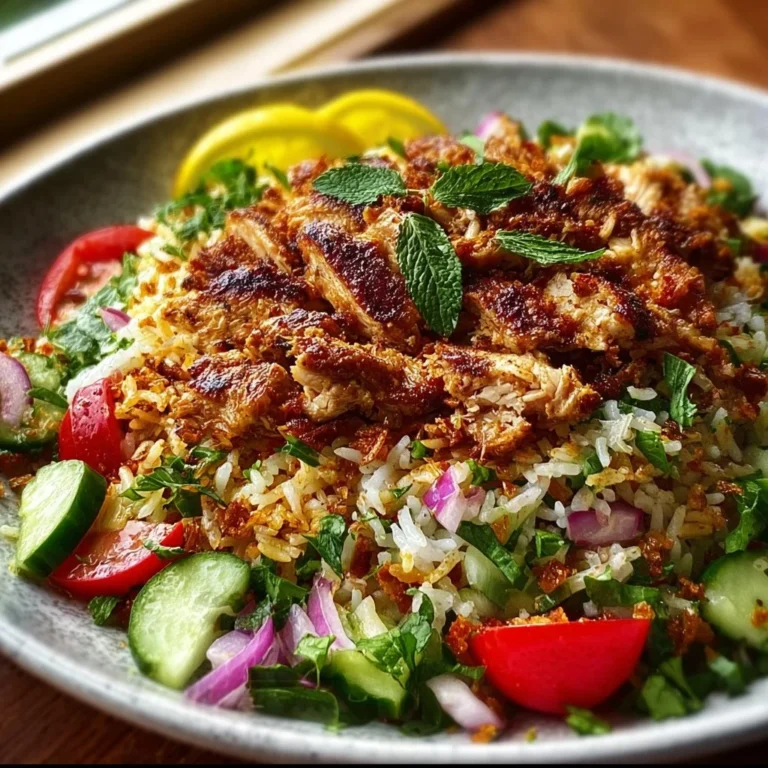 Delicious Chicken Shawarma Crispy Rice Salad topped with fresh vegetables and herbs.