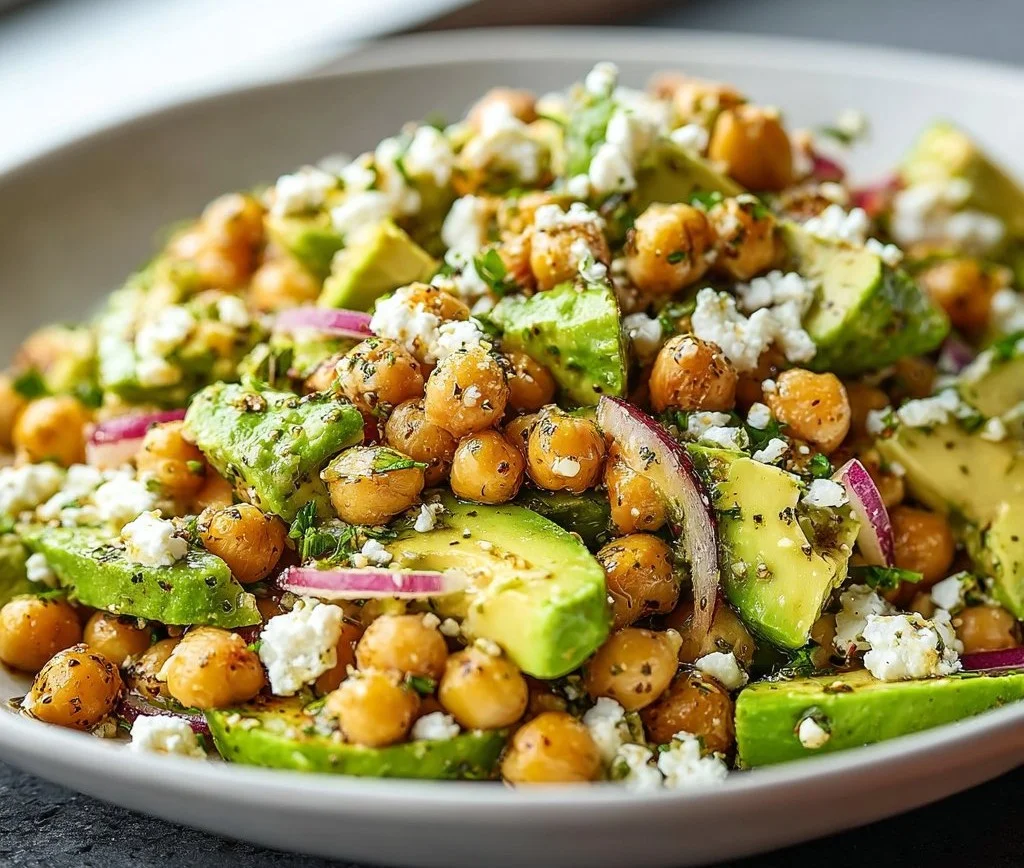 Chickpea Feta Avocado Salad with fresh ingredients in a bowl