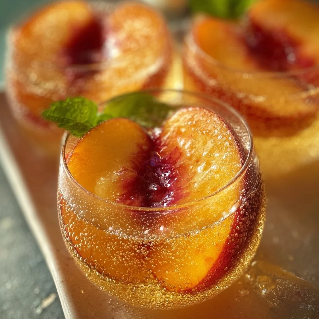 Chilled Sparkling Peach Cocktail Shots served in elegant glasses