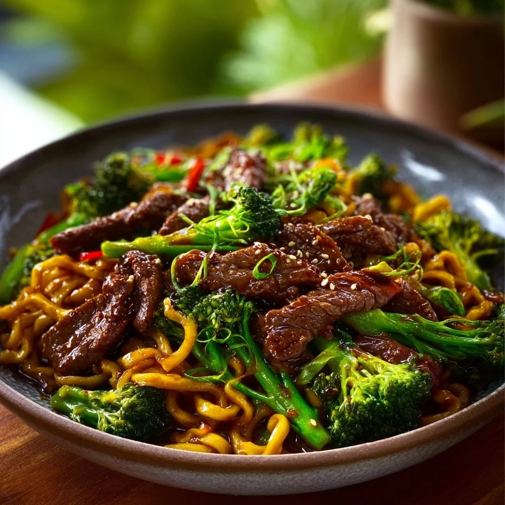 Chinese crispy beef with broccoli and noodles dish