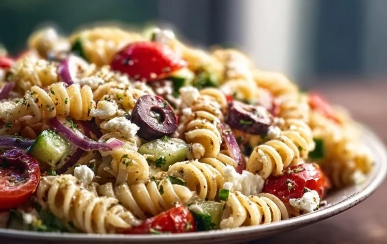 Chopped Greek Pasta Salad with colorful vegetables and feta cheese in a bowl