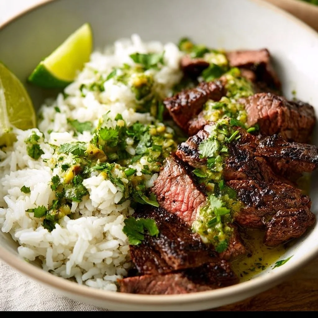 Cilantro Lime Steak and Rice Bowls topped with fresh cilantro and lime.