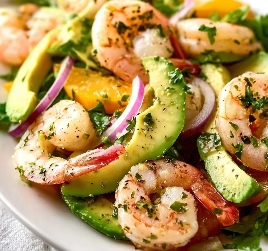 Citrus Shrimp and Avocado Salad with colorful ingredients in a bowl