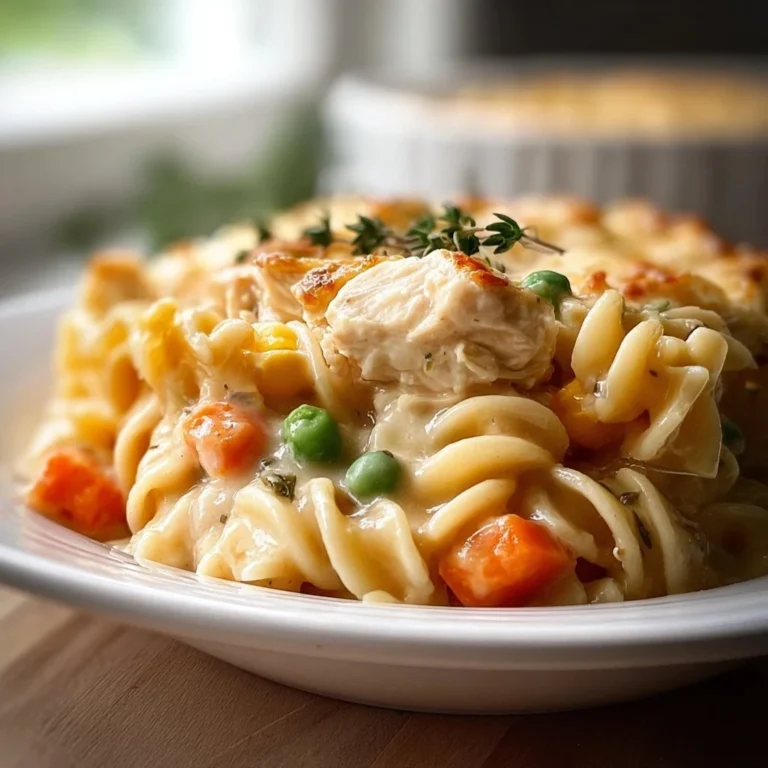 Classic Chicken Pot Pie Pasta served in a bowl with fresh herbs