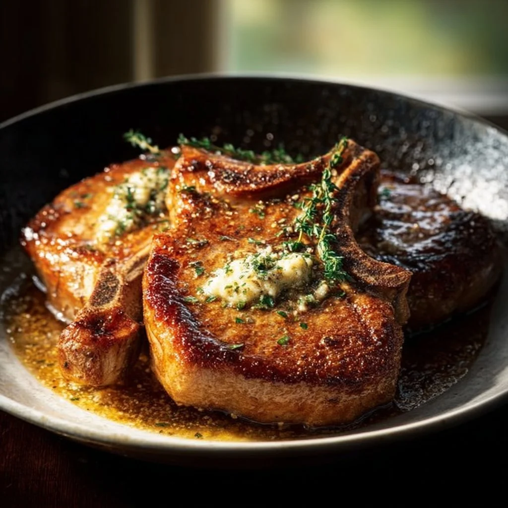 Classic pan-fried pork chops with garlic butter served on a plate