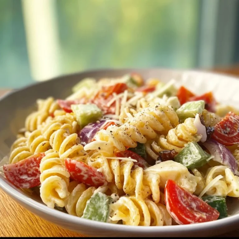 Colorful classic pasta salad with vegetables and dressing in a bowl
