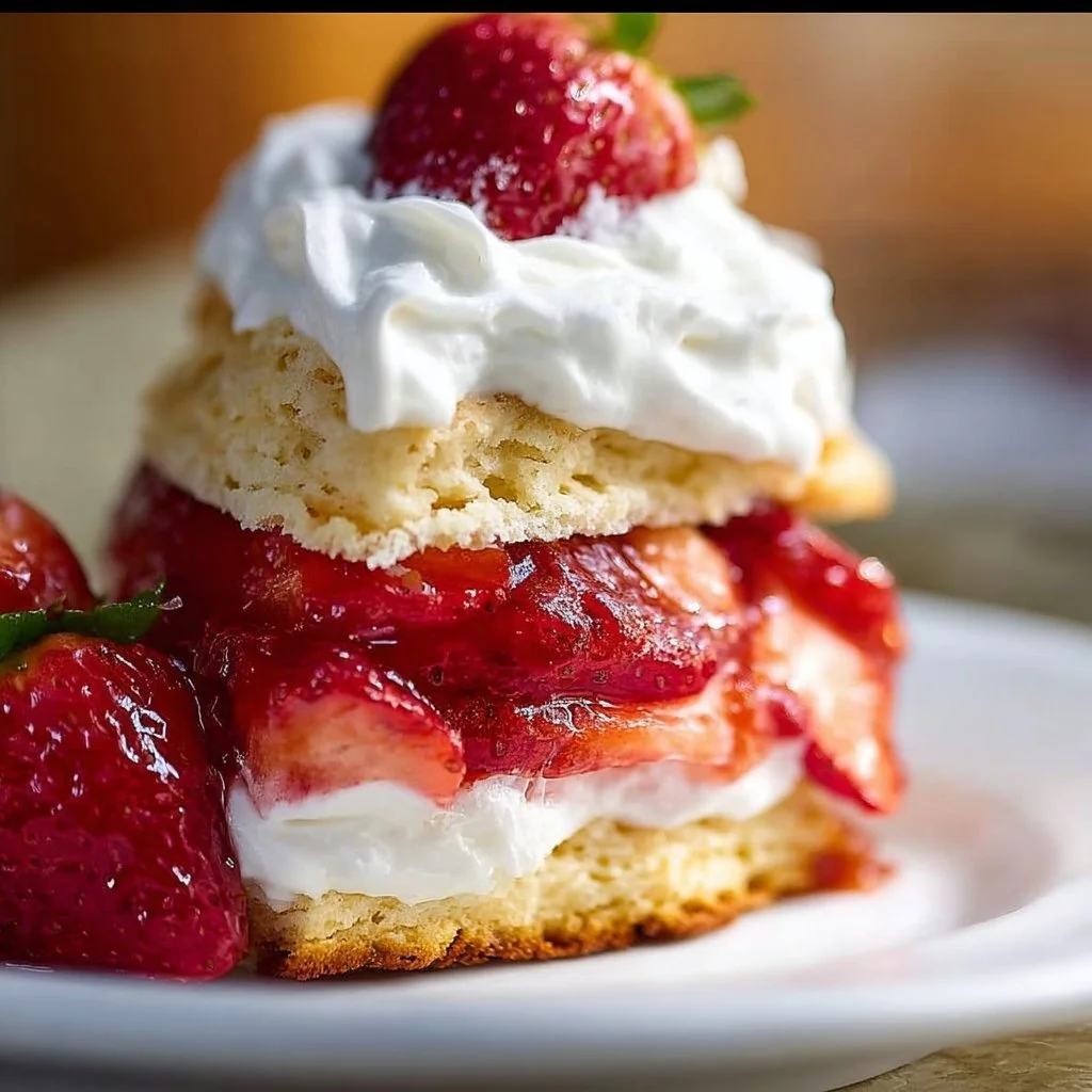Classic strawberry shortcake with fresh strawberries and whipped cream