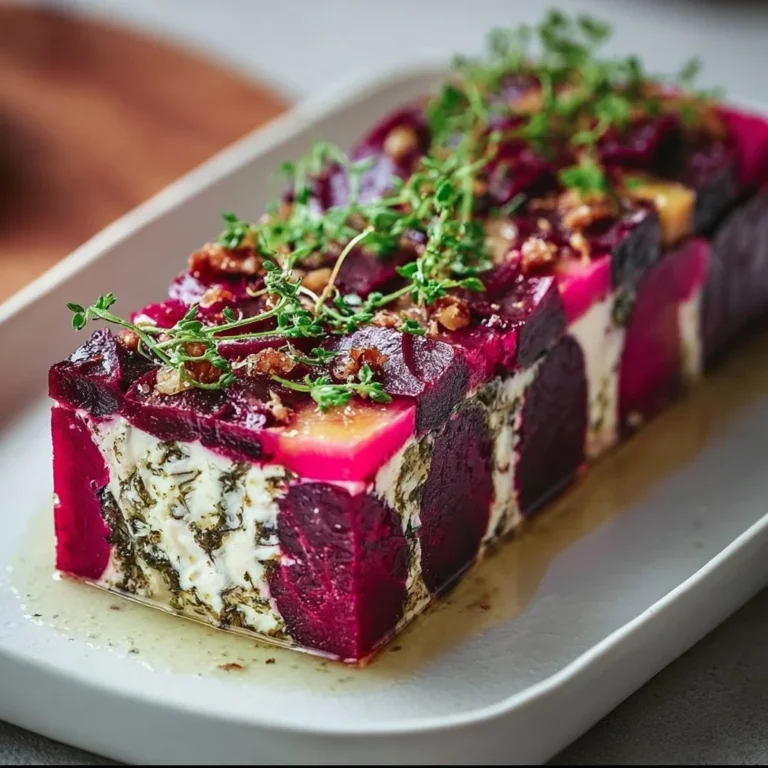 Colorful beetroot and goat's cheese terrine garnished with herbs