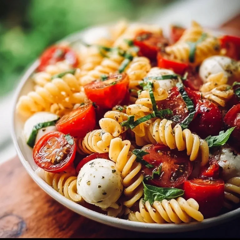Colorful Caprese Pasta Salad with tomatoes, mozzarella, and fresh basil