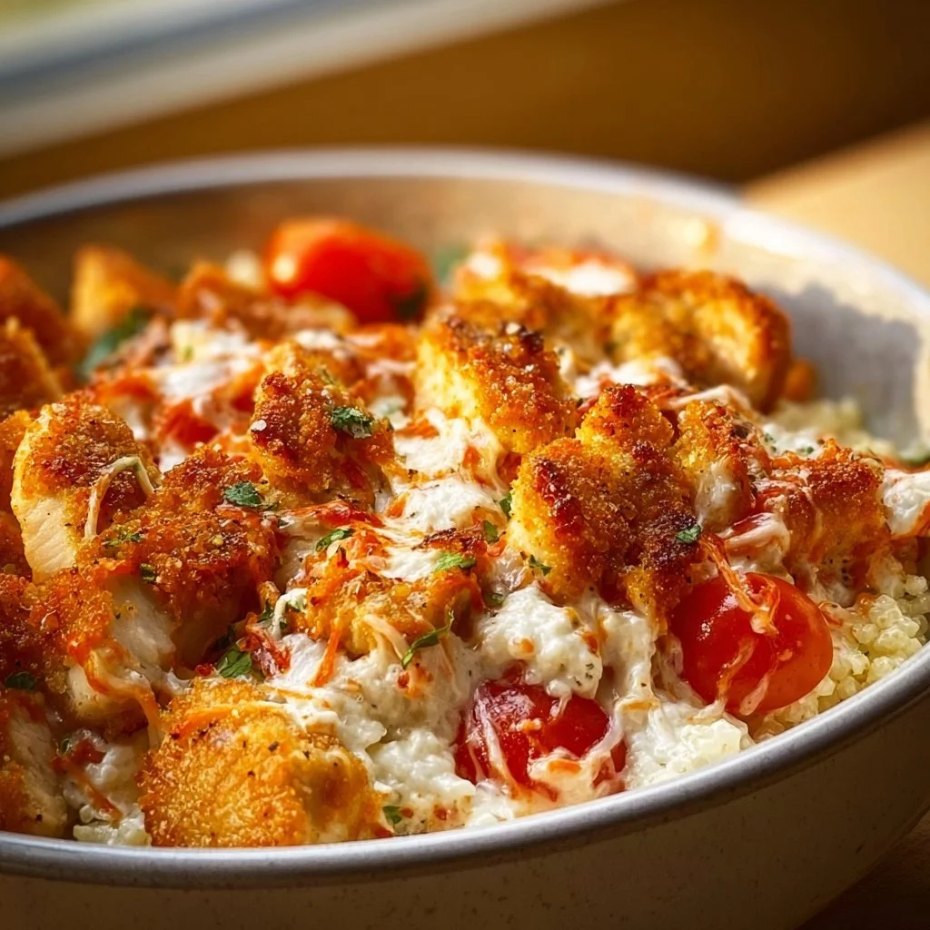 Cottage Cheese Chicken Parmesan Bowl topped with marinara sauce and cheese