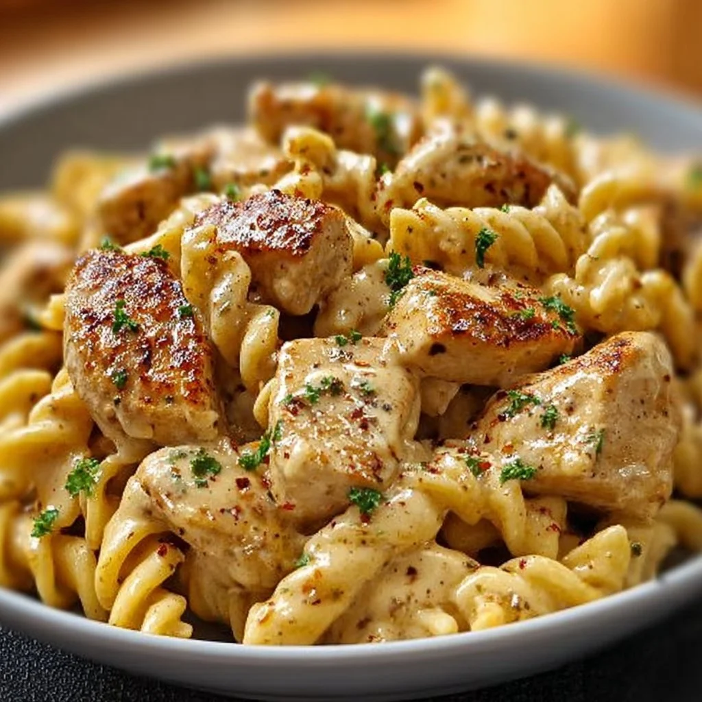 Delicious creamy Cajun chicken pasta served in a bowl with herbs