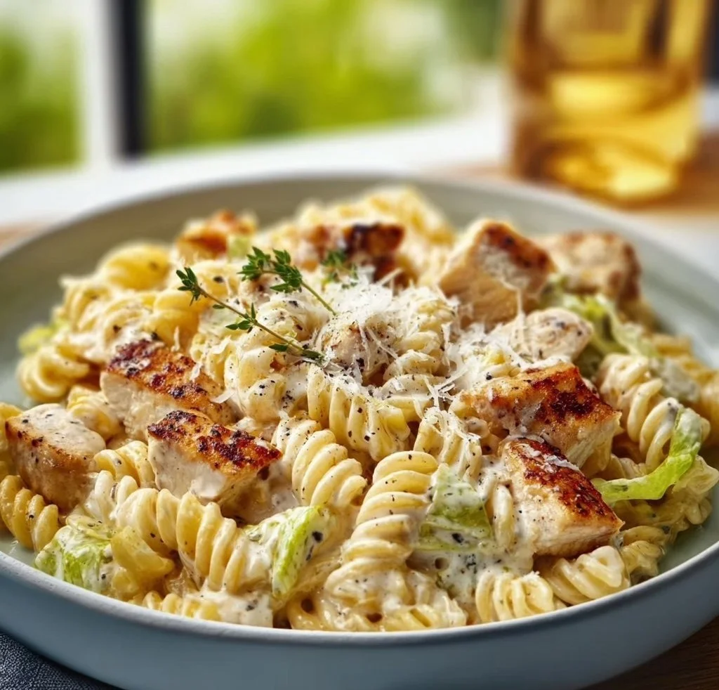 Creamy chicken pasta dish garnished with herbs and served in a bowl.