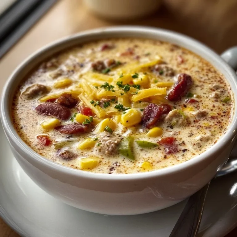 Bowl of creamy cowboy soup garnished with herbs and spices