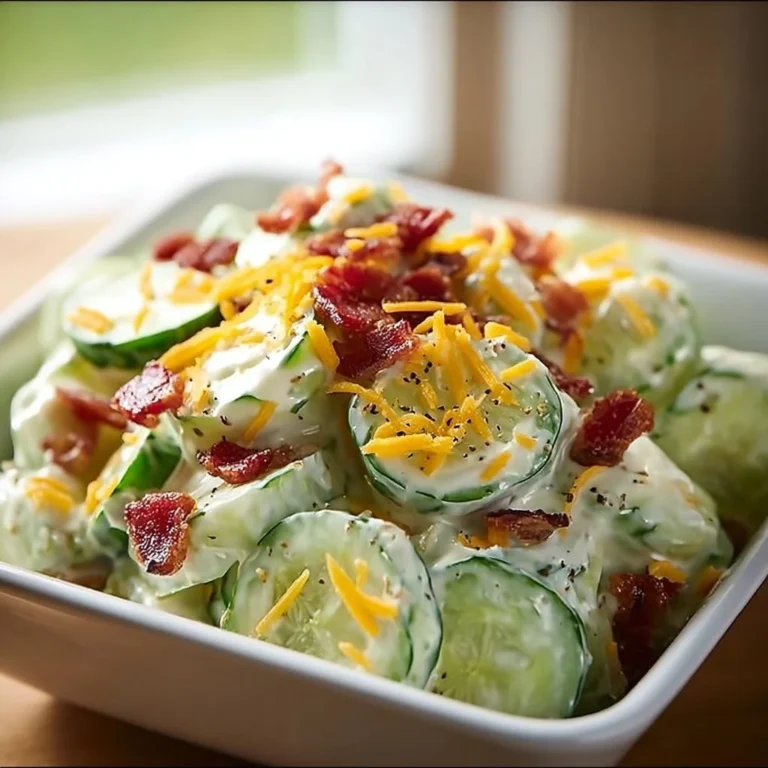 Creamy cucumber salad with bacon and cheese in a serving bowl