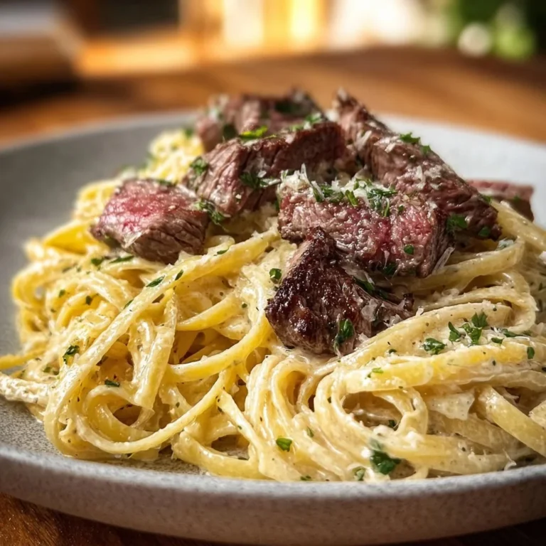 Creamy garlic butter steak pasta dish with flavorful steak and pasta.