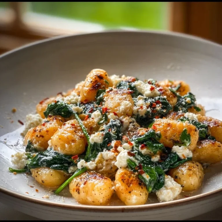 Creamy gnocchi dish with spinach and crumbled feta cheese