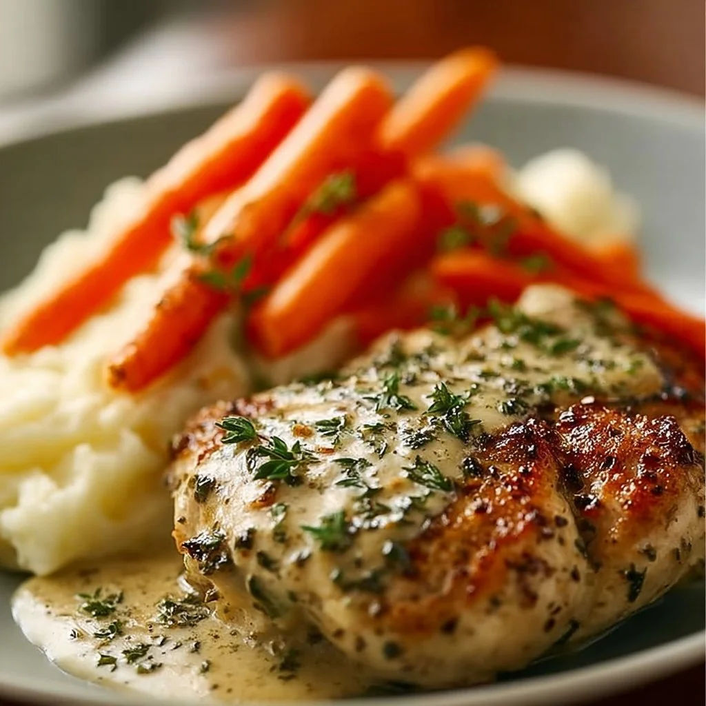 Creamy herb chicken dish with mashed potatoes and honey glazed carrots
