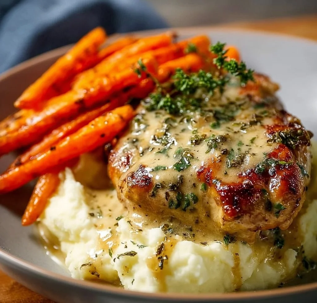 Creamy Herb Chicken with Mashed Potatoes and Honey Glazed Carrots