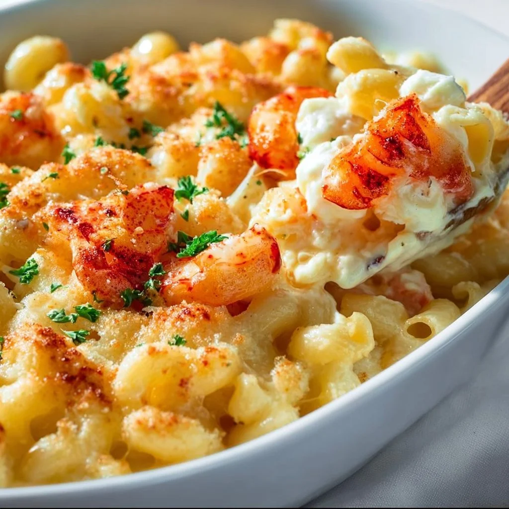 Creamy langostino lobster mac and cheese topped with brie cheese