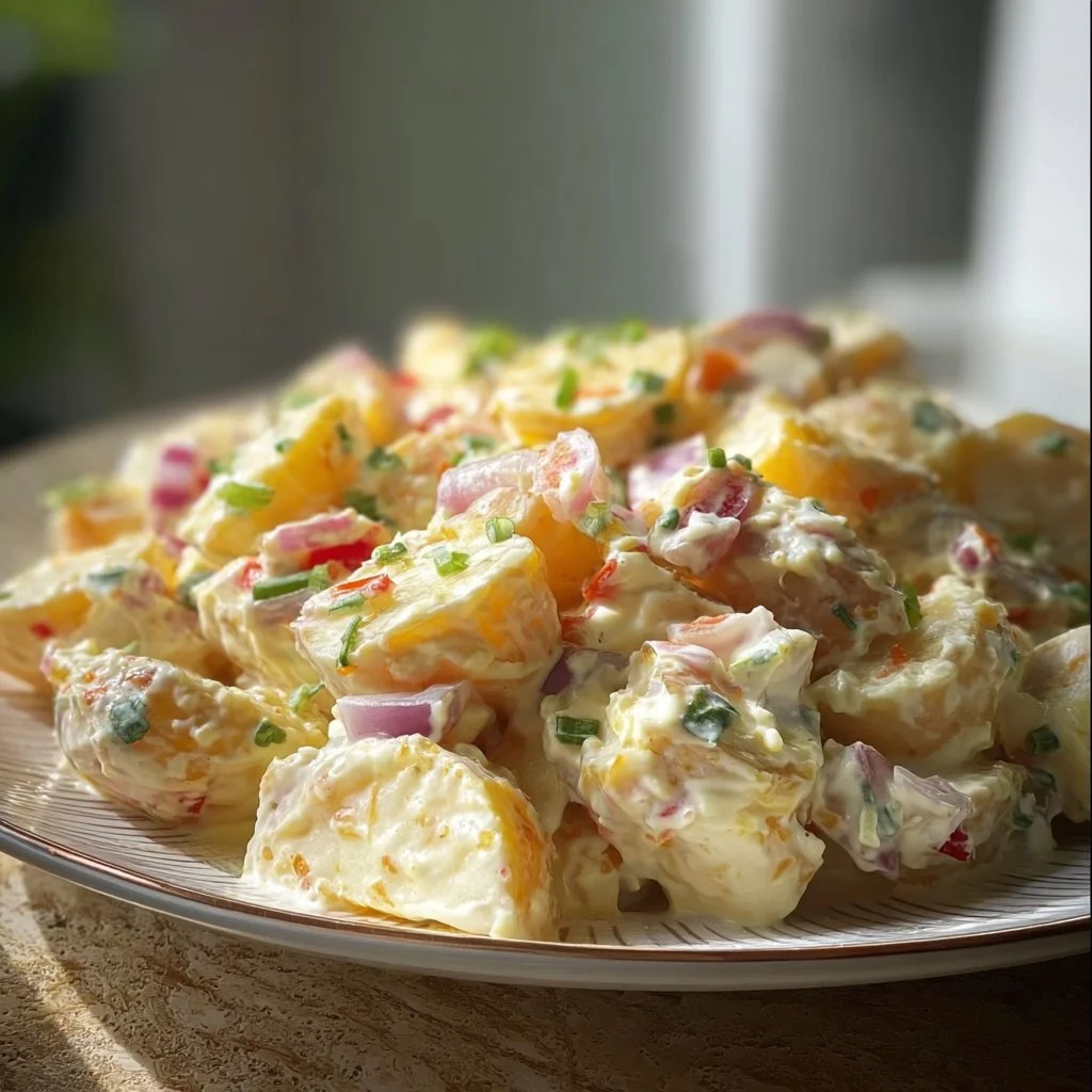 Bowl of creamy potato salad garnished with herbs and spices