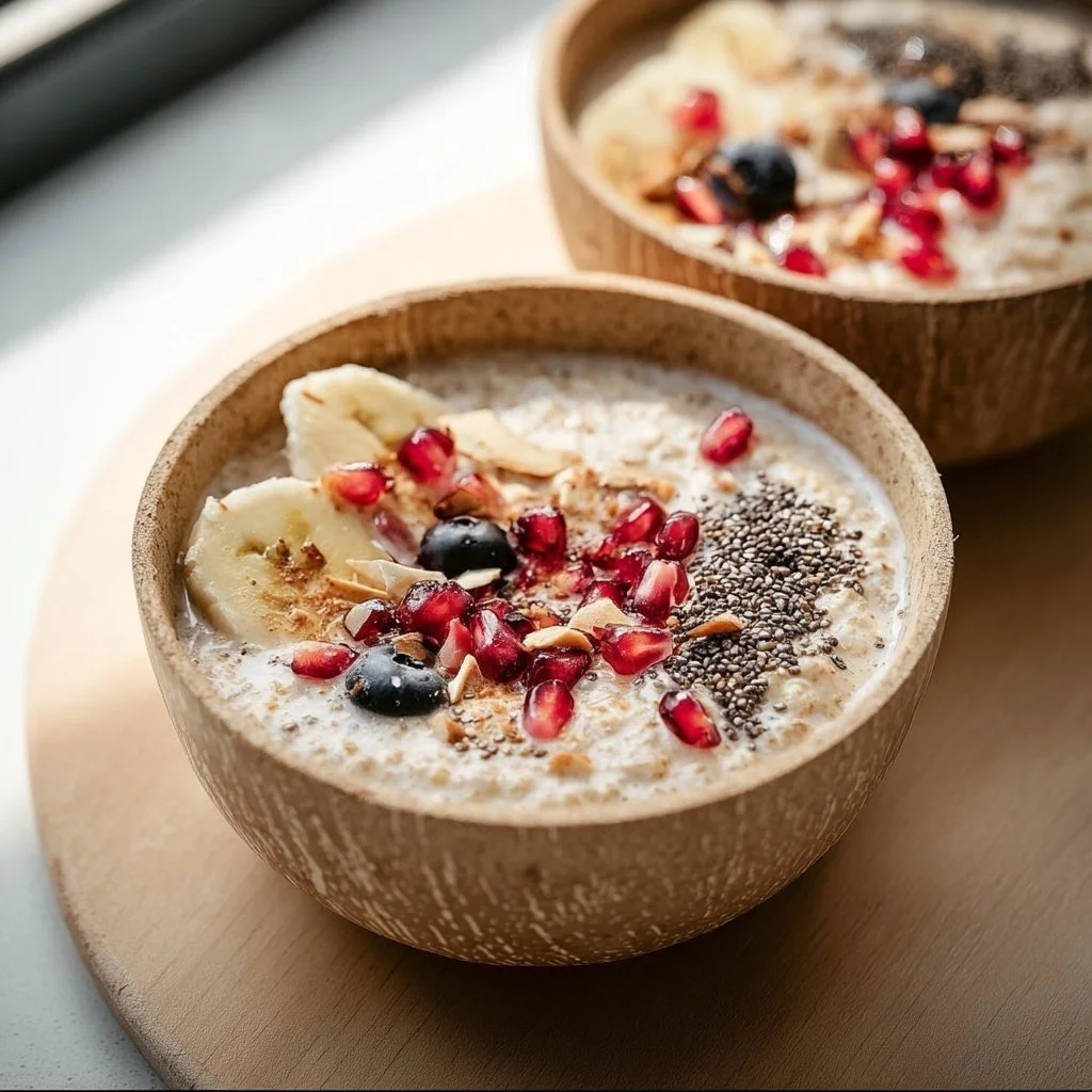 Bowl of creamy quinoa porridge topped with fruits and nuts
