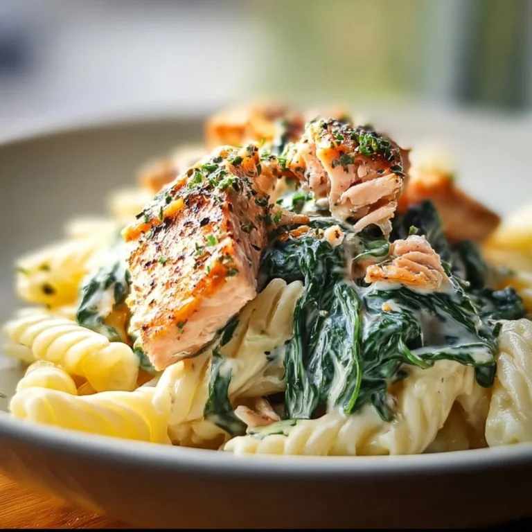 Creamy spinach and salmon pasta dish garnished with herbs