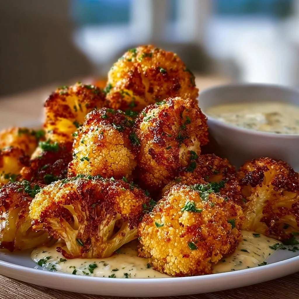 Crispy baked cauliflower bites served with flavorful garlic sauce