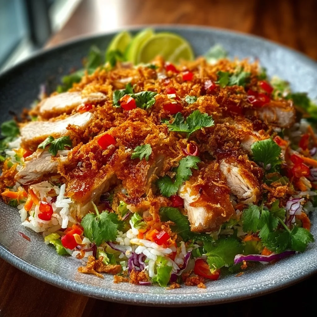Crispy Chicken Rice Salad with fresh vegetables and grilled chicken