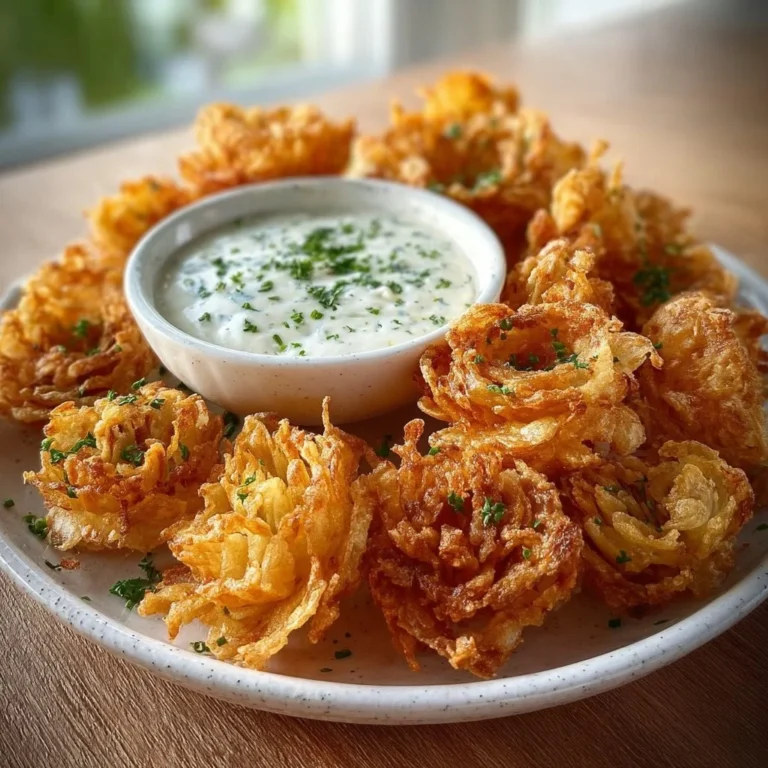Plate of crispy mini bloomin' onions with a side of creamy ranch dip