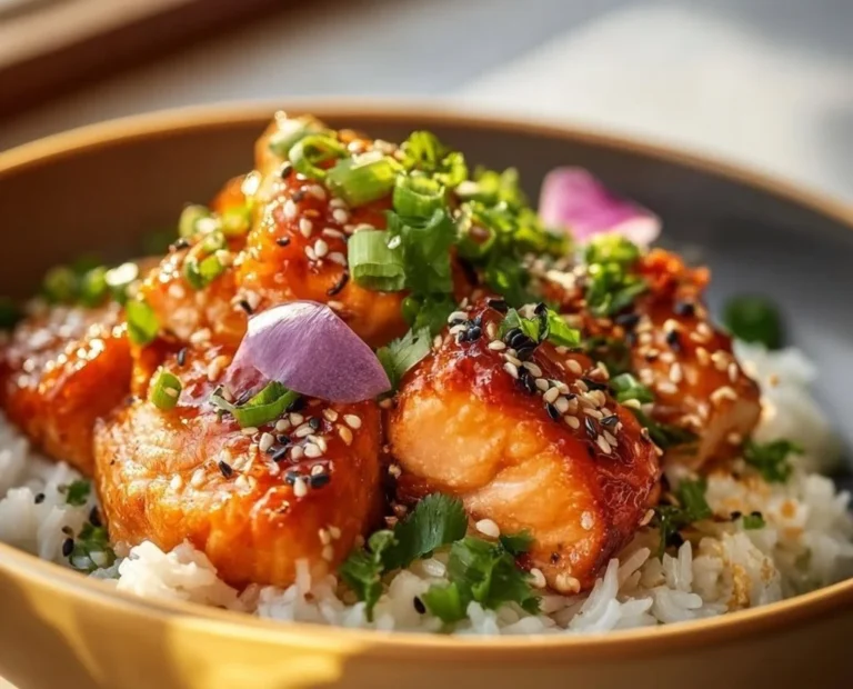 Crispy Salmon served in a rice bowl with fresh vegetables and sauces