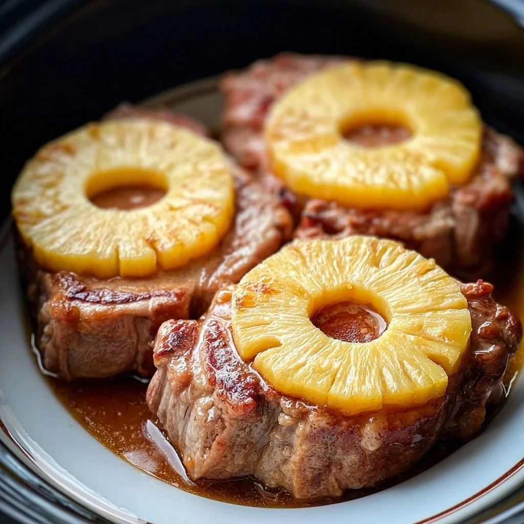 Crock Pot pork chops with pineapple slices and soy sauce served in a bowl