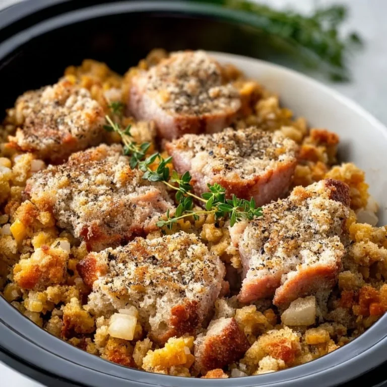 Bowl of Crockpot Stuffing Delight with herbs and vegetables