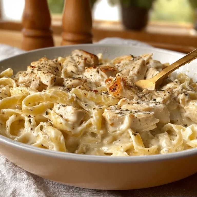 Dairy Free Chicken Alfredo dish served on a plate with pasta and garnished