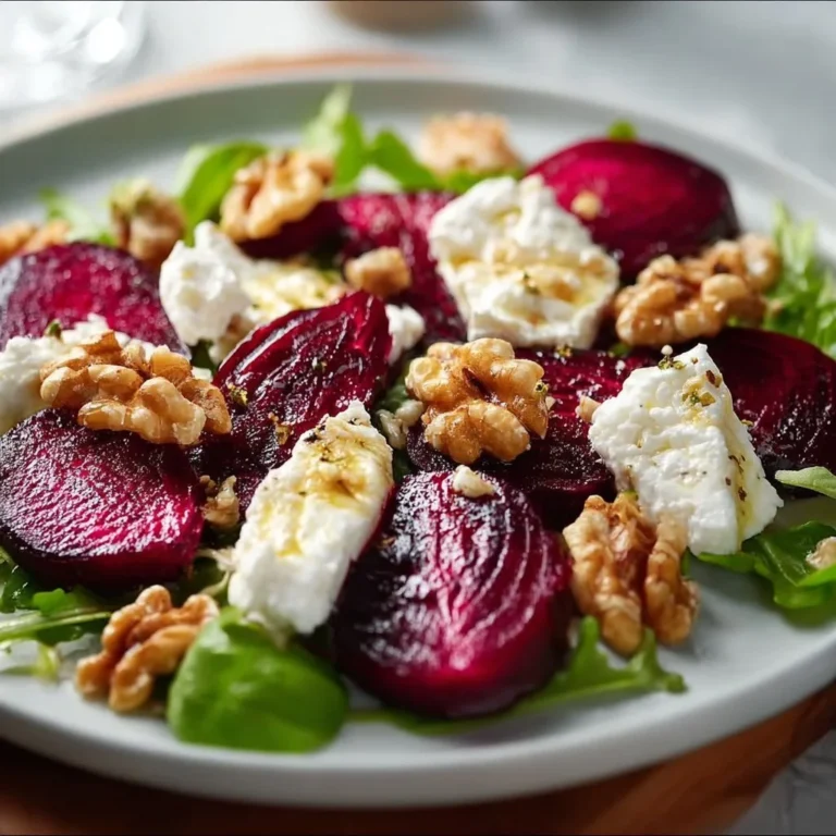 Delicious roasted beet and goat cheese salad topped with walnuts.