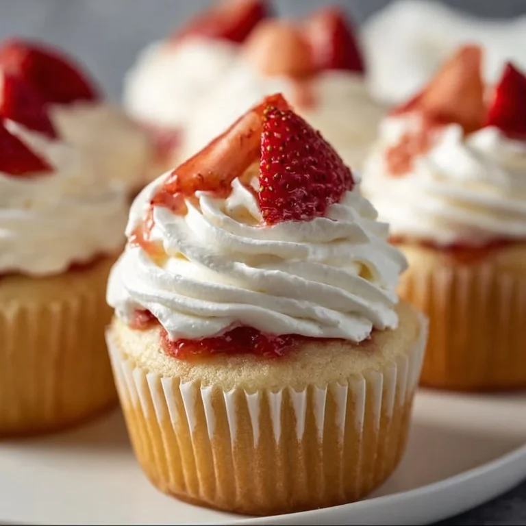 Delicious strawberry shortcake cupcakes topped with fresh strawberries and whipped cream.