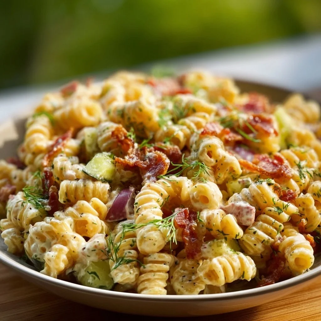 Dill Pickle Bacon Pasta Salad with fresh ingredients and vibrant colors