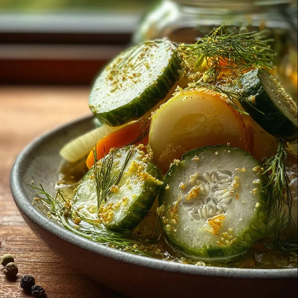 Jar of homemade dill pickle mix with fresh seasonings and spices